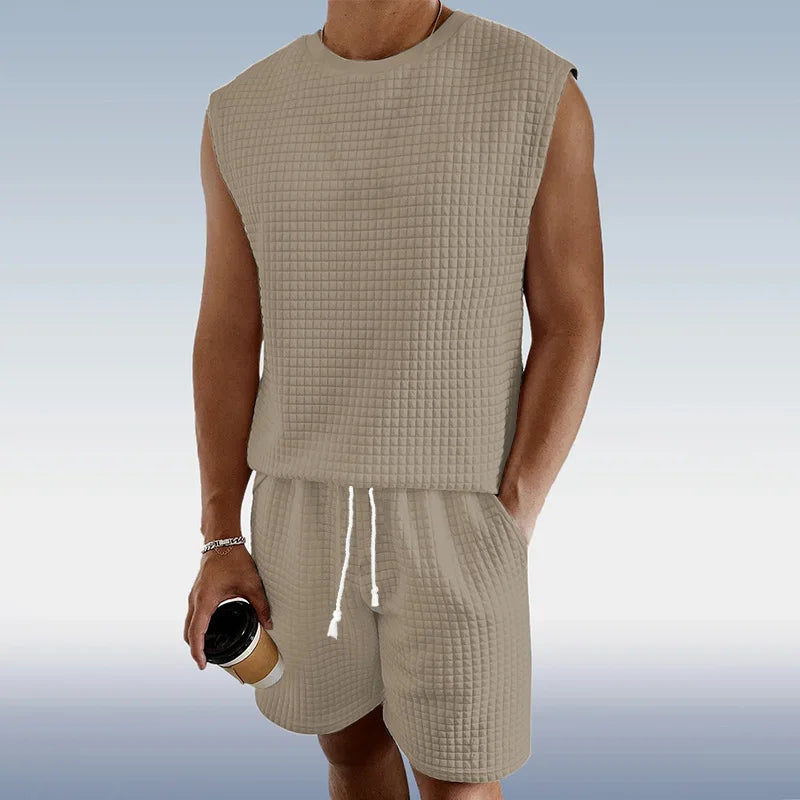 Stylish Men's Casual Short Set - Sleeveless Waffle Vest & High Elastic Drawstring Shorts - Perfect for Summer!