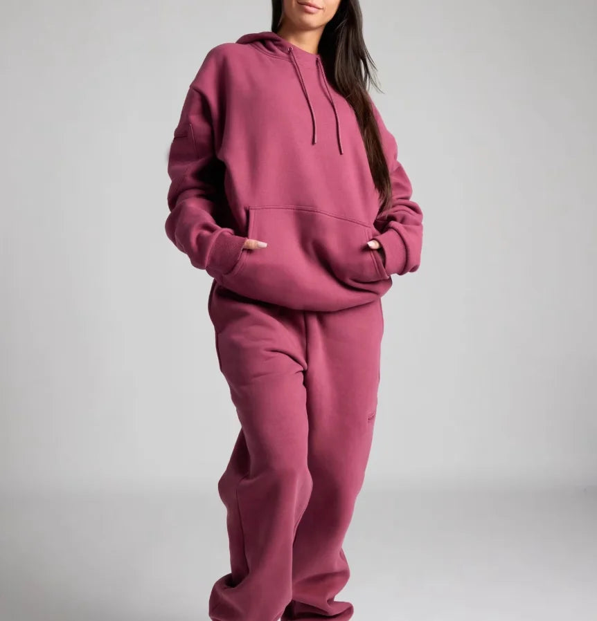 Women's Autumn/Winter Solid Color Hooded Sweatshirt with Eye Mask and Sweatpants Two-Piece Set