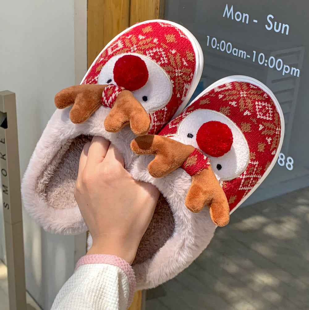 Winter Women's Cartoon Cotton Slippers with Non-Slip Design - Cute Christmas Deer Home Shoes