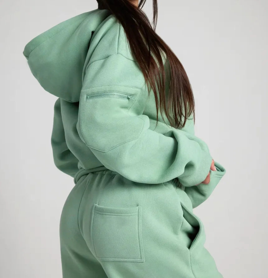 Women's Autumn/Winter Solid Color Hooded Sweatshirt with Eye Mask and Sweatpants Two-Piece Set