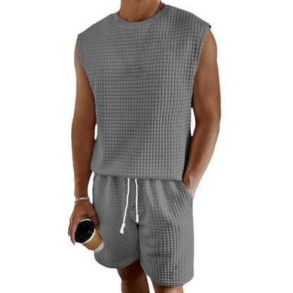 Stylish Men's Casual Short Set - Sleeveless Waffle Vest & High Elastic Drawstring Shorts - Perfect for Summer!