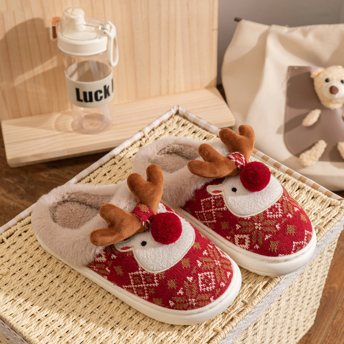 Winter Women's Cartoon Cotton Slippers with Non-Slip Design - Cute Christmas Deer Home Shoes