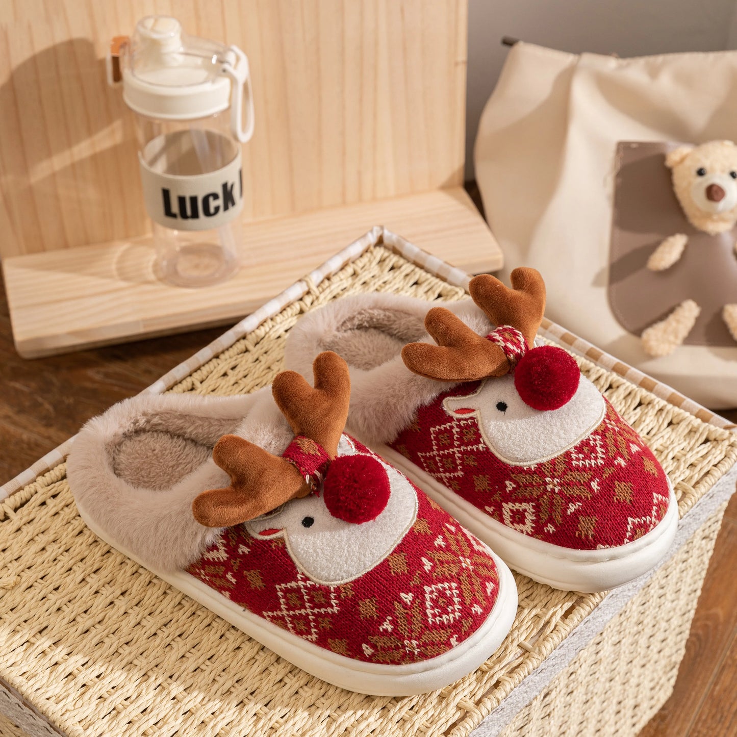 Winter Women's Cartoon Cotton Slippers with Non-Slip Design - Cute Christmas Deer Home Shoes