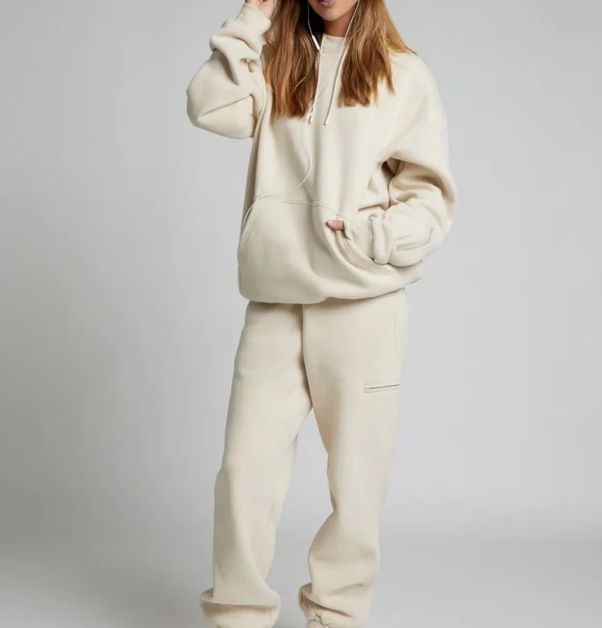 Women's Autumn/Winter Solid Color Hooded Sweatshirt with Eye Mask and Sweatpants Two-Piece Set