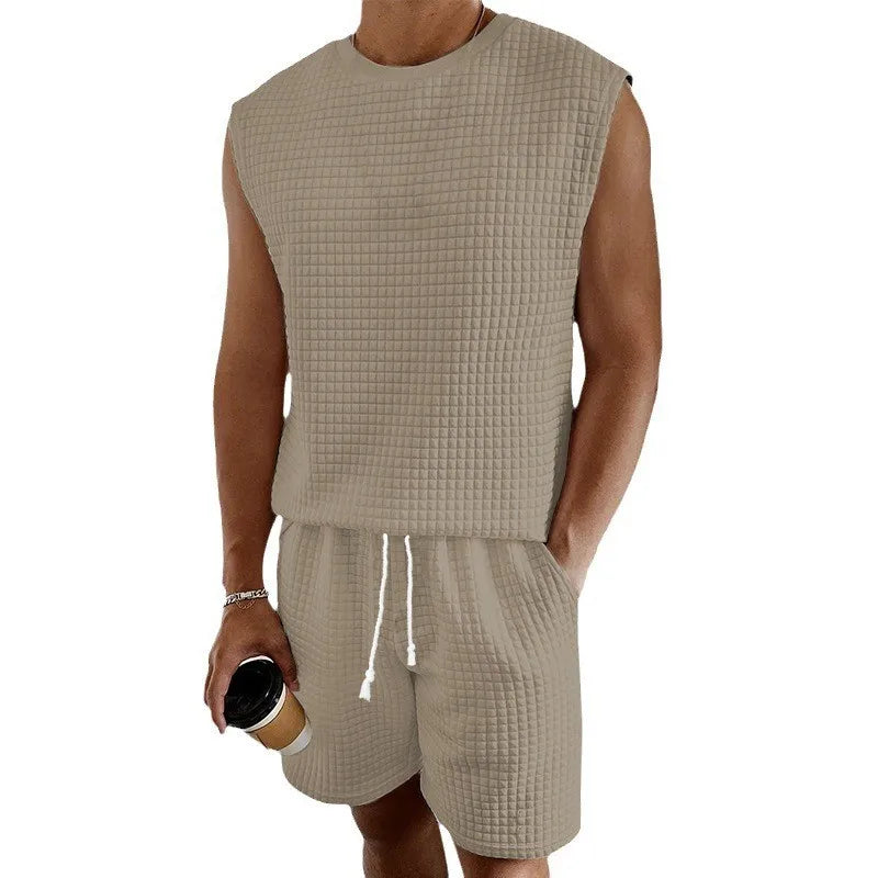 Stylish Men's Casual Short Set - Sleeveless Waffle Vest & High Elastic Drawstring Shorts - Perfect for Summer!