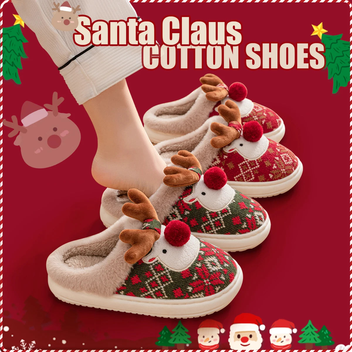 Winter Women's Cartoon Cotton Slippers with Non-Slip Design - Cute Christmas Deer Home Shoes