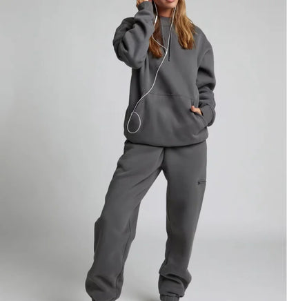 Women's Autumn/Winter Solid Color Hooded Sweatshirt with Eye Mask and Sweatpants Two-Piece Set