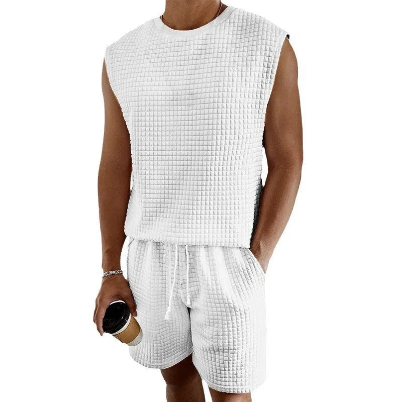 Stylish Men's Casual Short Set - Sleeveless Waffle Vest & High Elastic Drawstring Shorts - Perfect for Summer!