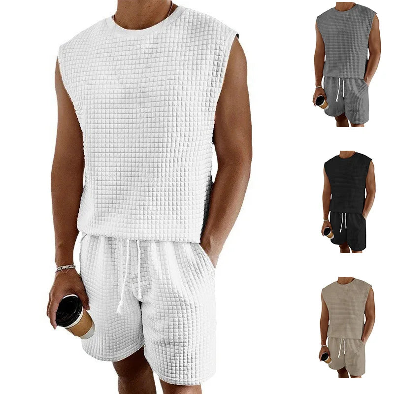 Stylish Men's Casual Short Set - Sleeveless Waffle Vest & High Elastic Drawstring Shorts - Perfect for Summer!