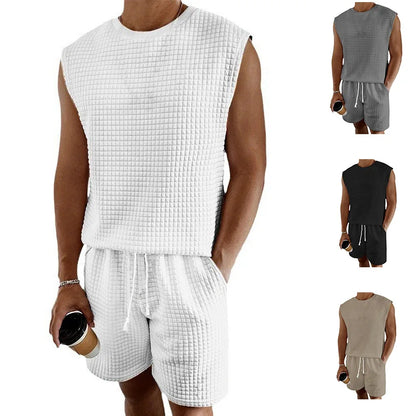 Stylish Men's Casual Short Set - Sleeveless Waffle Vest & High Elastic Drawstring Shorts - Perfect for Summer!