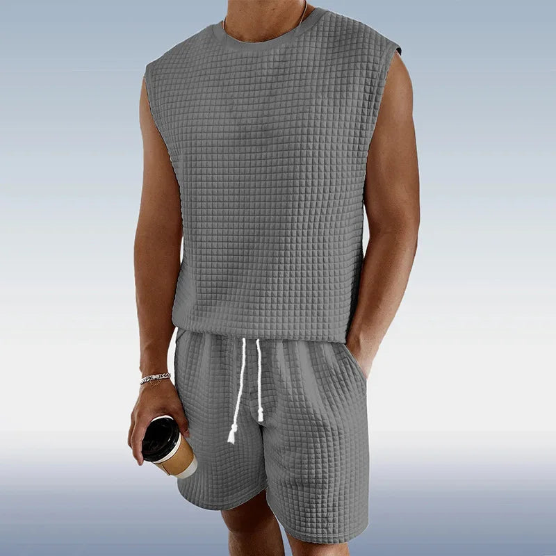 Stylish Men's Casual Short Set - Sleeveless Waffle Vest & High Elastic Drawstring Shorts - Perfect for Summer!
