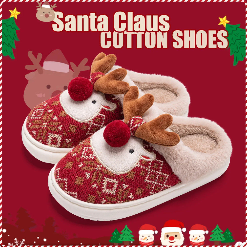 Winter Women's Cartoon Cotton Slippers with Non-Slip Design - Cute Christmas Deer Home Shoes