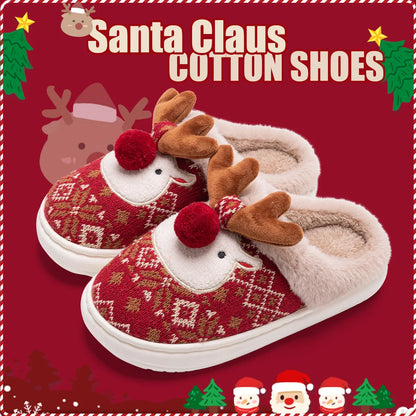 Winter Women's Cartoon Cotton Slippers with Non-Slip Design - Cute Christmas Deer Home Shoes