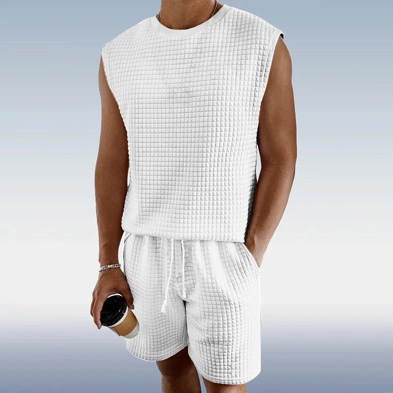 Stylish Men's Casual Short Set - Sleeveless Waffle Vest & High Elastic Drawstring Shorts - Perfect for Summer!