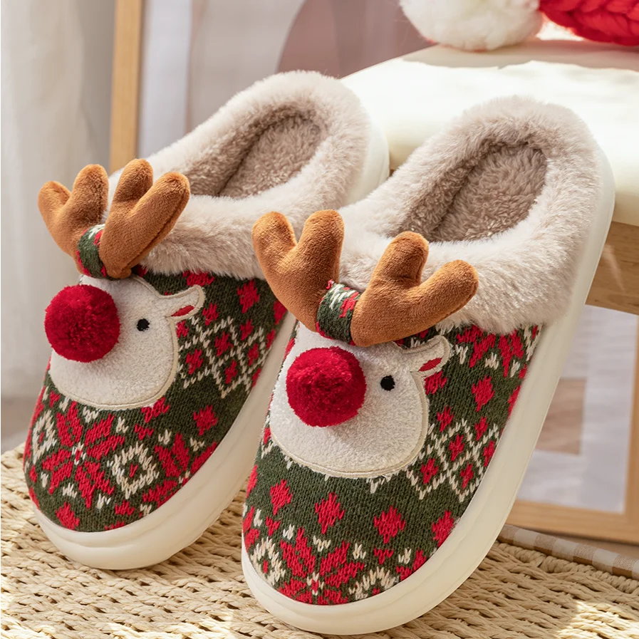 Winter Women's Cartoon Cotton Slippers with Non-Slip Design - Cute Christmas Deer Home Shoes