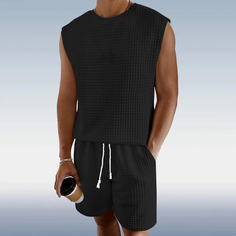 Stylish Men's Casual Short Set - Sleeveless Waffle Vest & High Elastic Drawstring Shorts - Perfect for Summer!