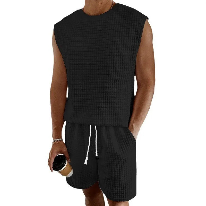 Stylish Men's Casual Short Set - Sleeveless Waffle Vest & High Elastic Drawstring Shorts - Perfect for Summer!