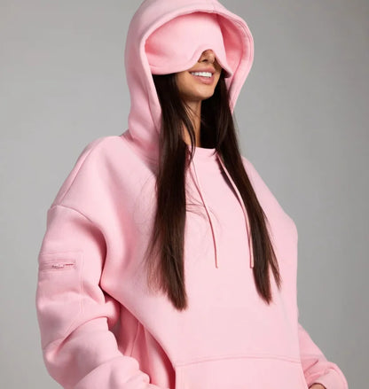 Women's Autumn/Winter Solid Color Hooded Sweatshirt with Eye Mask and Sweatpants Two-Piece Set